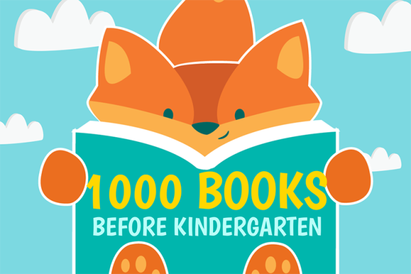 orange cartoon fox holding teal book that reads "1000 Books Before Kindergarten"