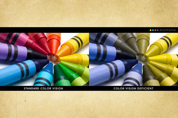bright and colorful crayons with muted desaturated color blind conversion