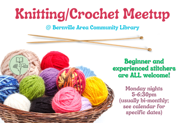 bowl of multicolored yarn balls with text details of knitting meetup