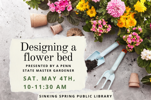 Flowers and garden tools shown with program date and time.