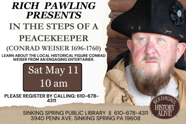 Rich Pawling dressed as Conrad Weiser with event information and registration details. 